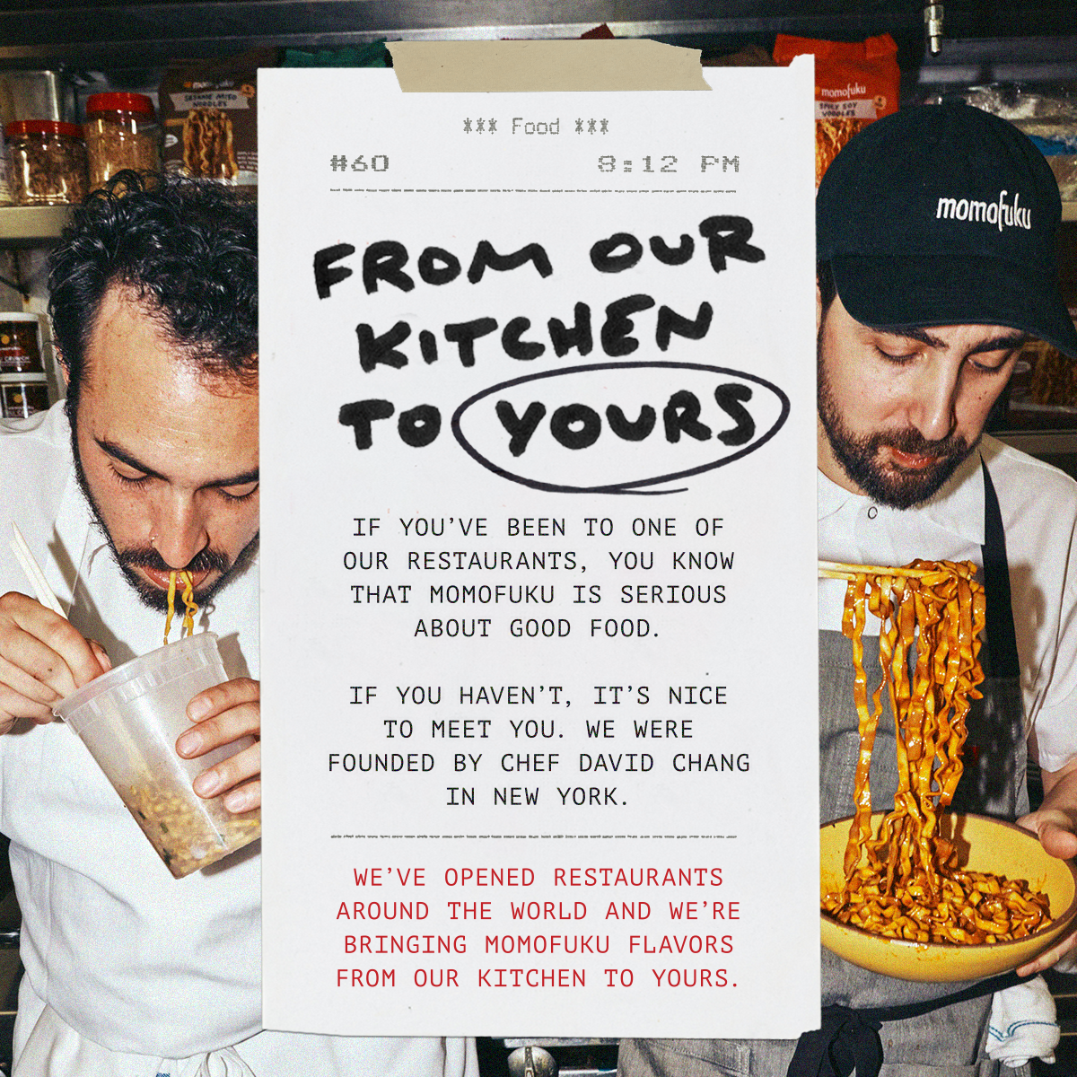 Two chefs eating and holding plates of food with a 'Momofuku' sign in the background.